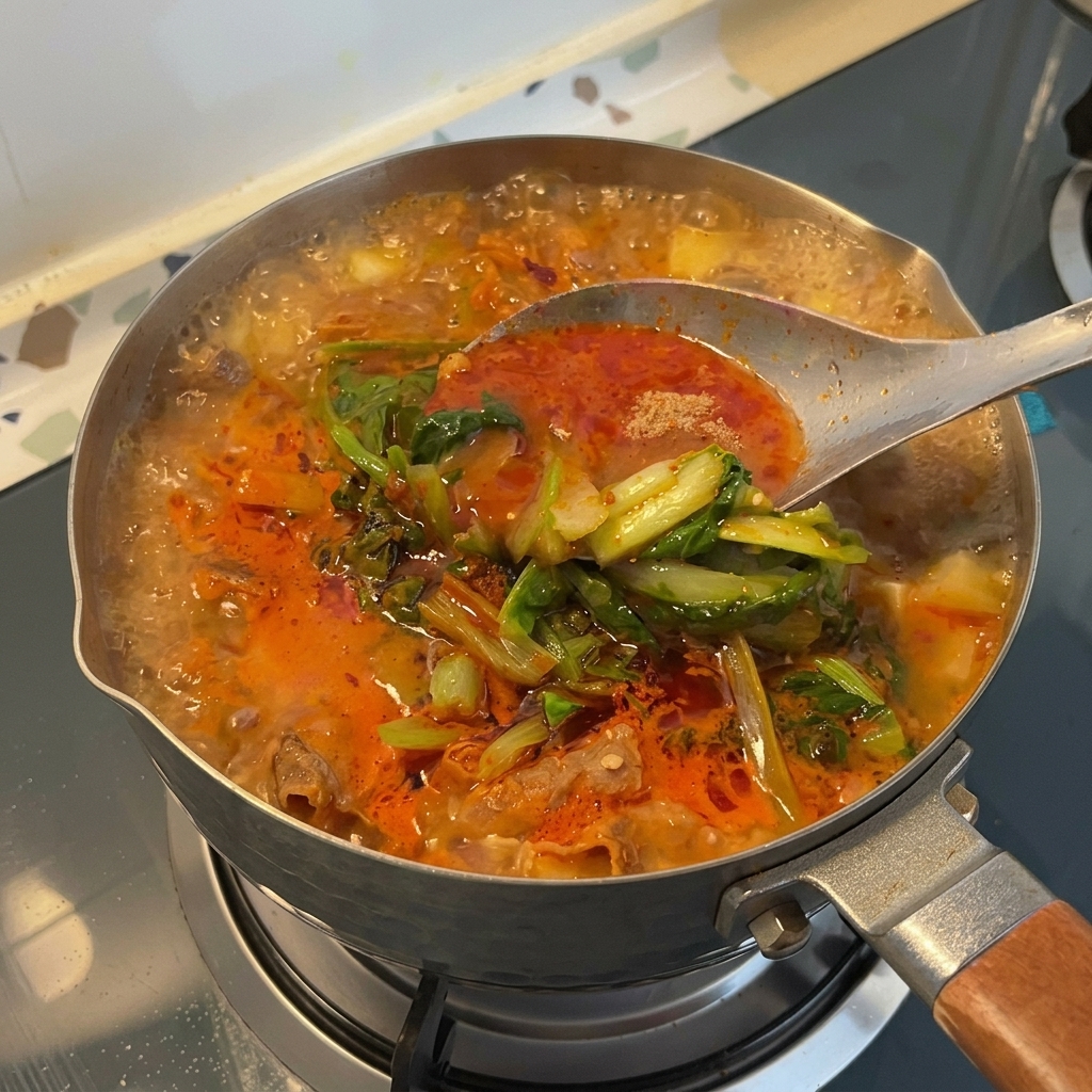 鮮やかな緑の野菜とチリパウダーが浮いたテンジャンチゲを、大きな金属製のスプーンで混ぜている様子。
