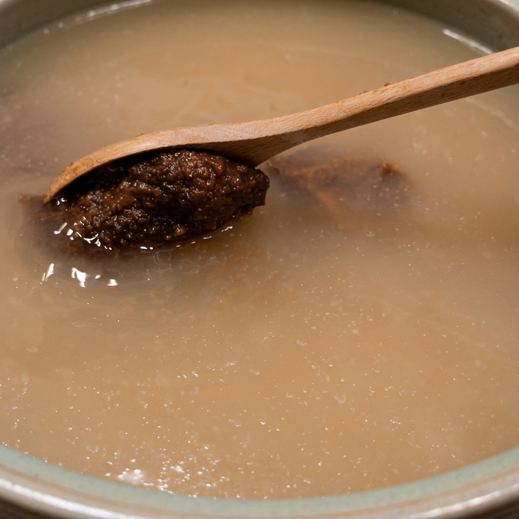白く濁ったスープが煮立つ鍋の上で、木製のスプーンにすくい取られた濃い茶色の韓国味噌。