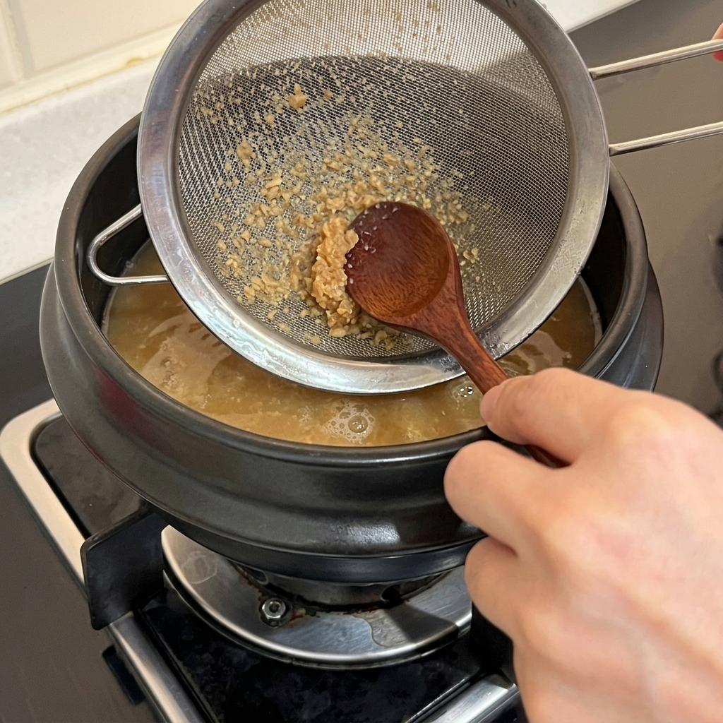 鍋の上で金属製の万能こし器を使い、木製のスプーンで韓国味噌をすりつぶしながら水に溶かしている手元