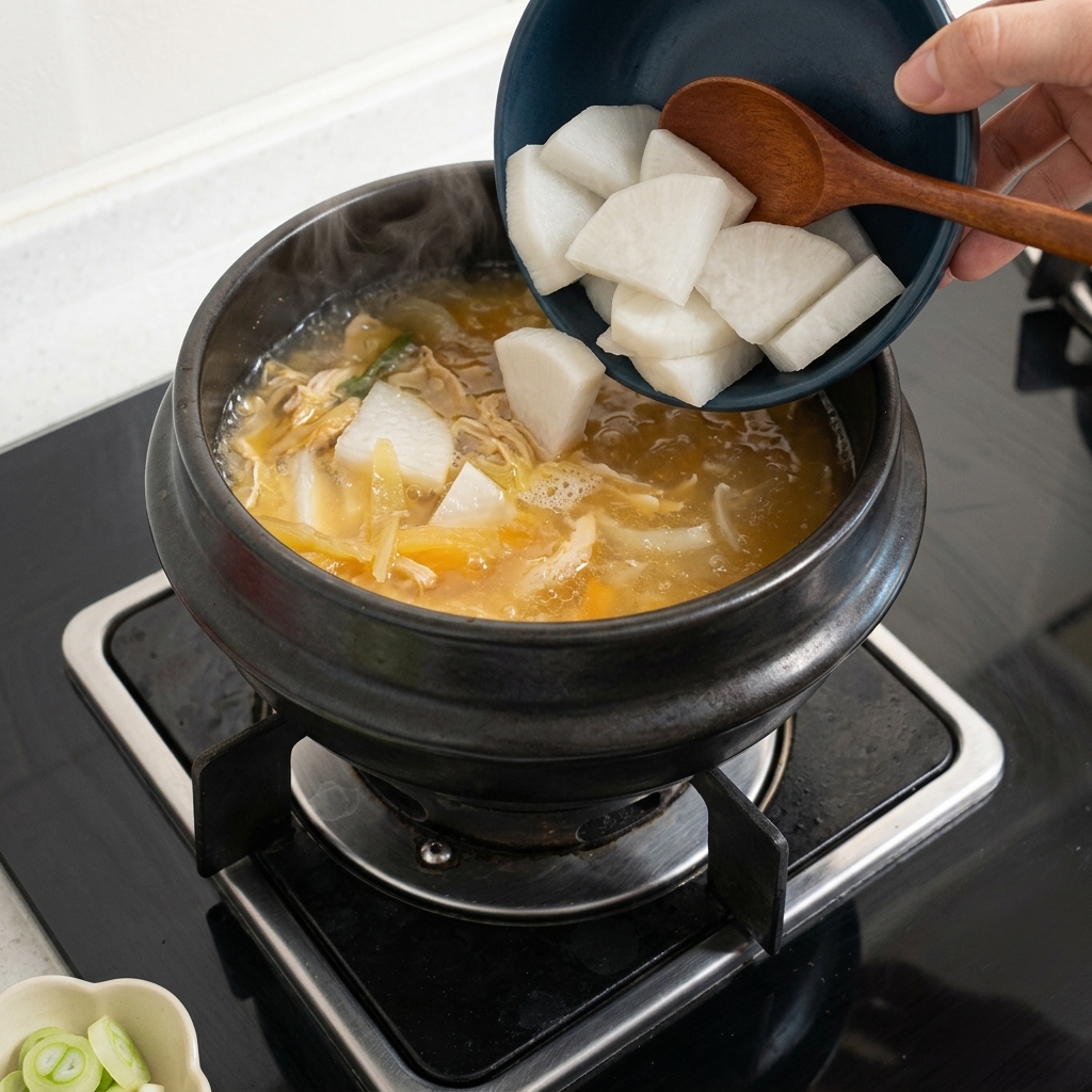 ボウルから、旨味の効いた茶色いスープが静かに沸き立つ鍋へと、薄切りにした大根が投入されている様子