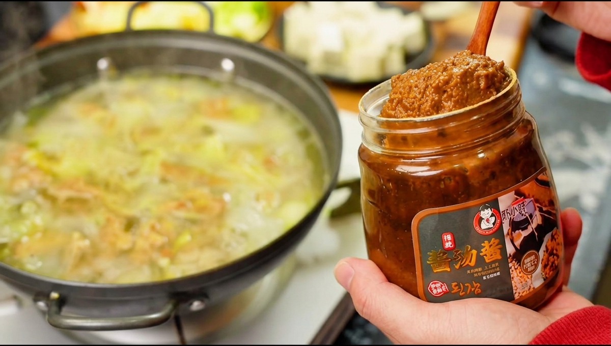 韓国味噌の容器の横で、木製のスプーンにたっぷりと味噌をすくい、奥でグツグツと沸騰している鍋に合わせようとしている様子。