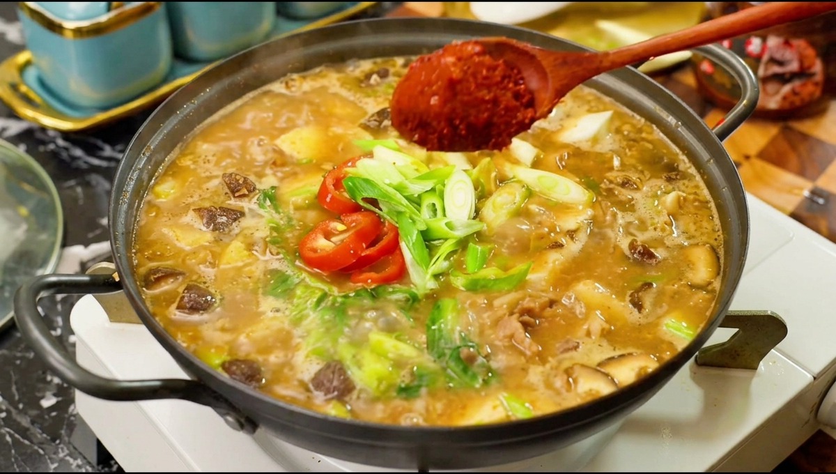 牛肉やきのこ、新鮮な唐辛子が入って沸き立つチゲ鍋に、木製のスプーンで鮮やかな赤色の粉唐辛子をたっぷりと加えている様子。