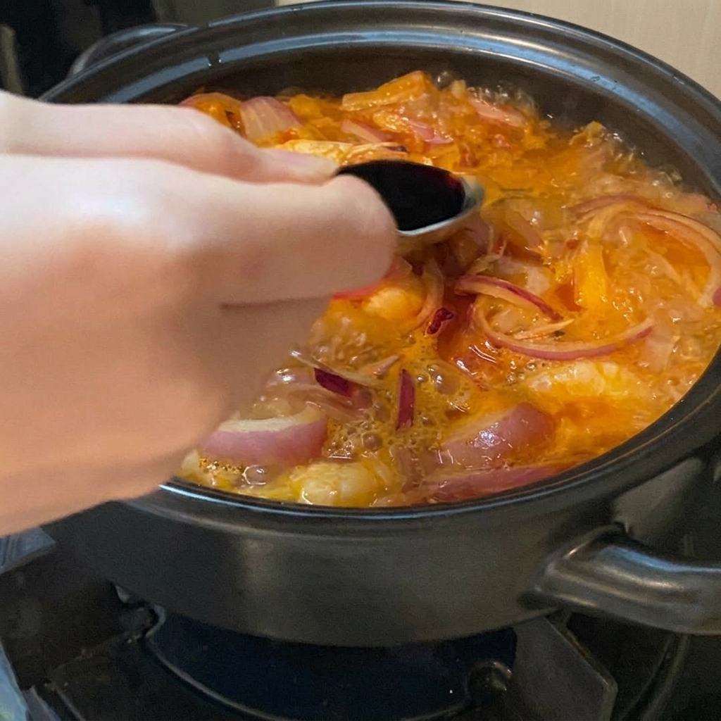 スプーンを使って、玉ねぎやエビが煮立つオレンジ赤色のスープに、濃い色の調味料を回し入れている手元。