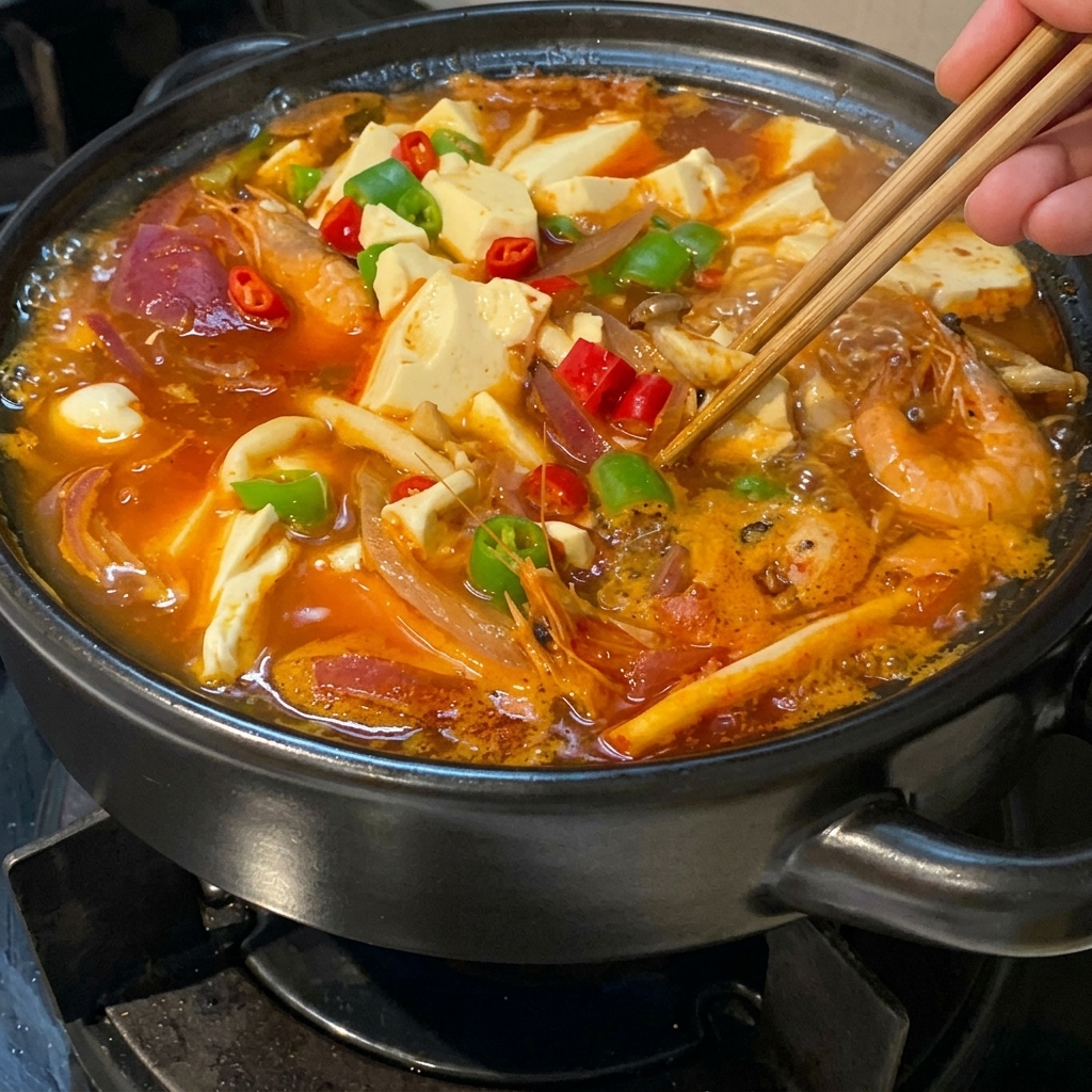 豆腐、エビ、赤玉ねぎが入り、仕上げに刻んだ青唐辛子と赤唐辛子が散らされた熱々のキムチスープを、木箸で整えている完成間近の土鍋。