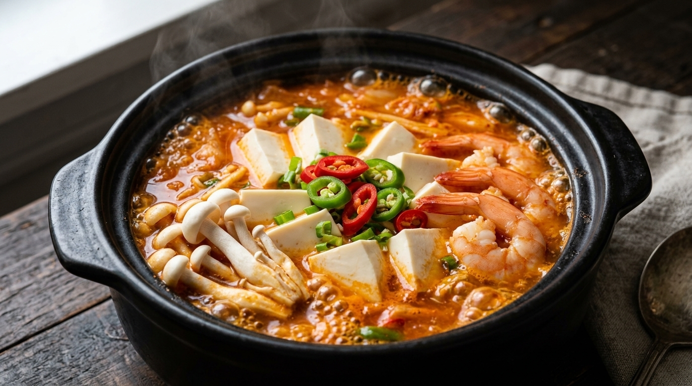 エビとほろほろ豆腐のキムチチゲ（スンドゥブチゲ風）