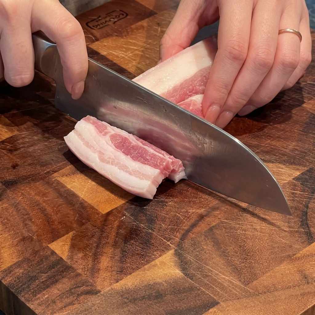 木製のまな板の上で、生の豚バラ肉の塊を厚めの一口大に切っている様子。