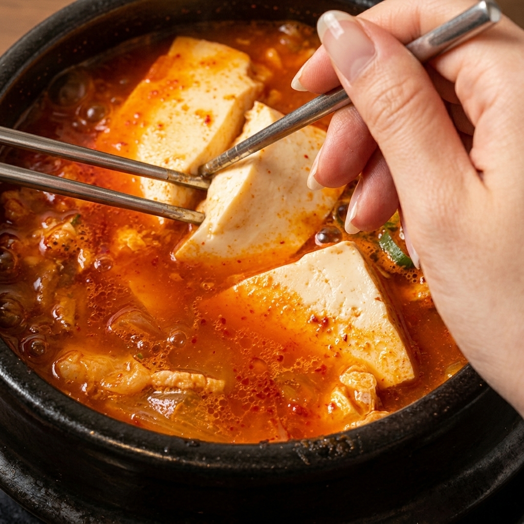 土鍋の中で煮立つ赤い豆腐スープの上に、刻んだ青ねぎと韓国のりフレークを散らしている手元の様子。