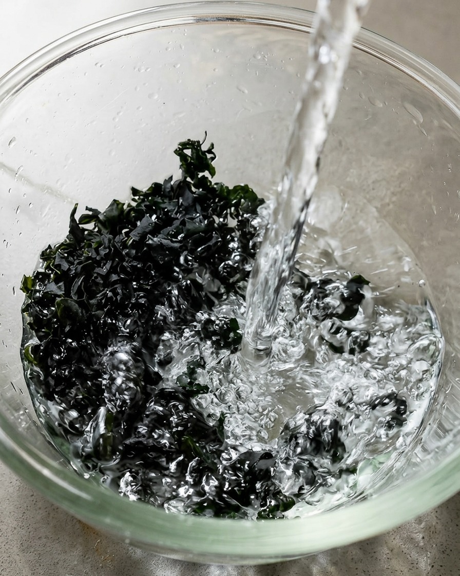 ガラスボウルに入った乾燥わかめに温かいお湯を注いでいる様子。