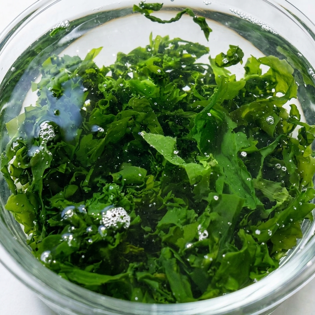 水で戻して鮮やかな緑色になったわかめがボウルに入っている様子。