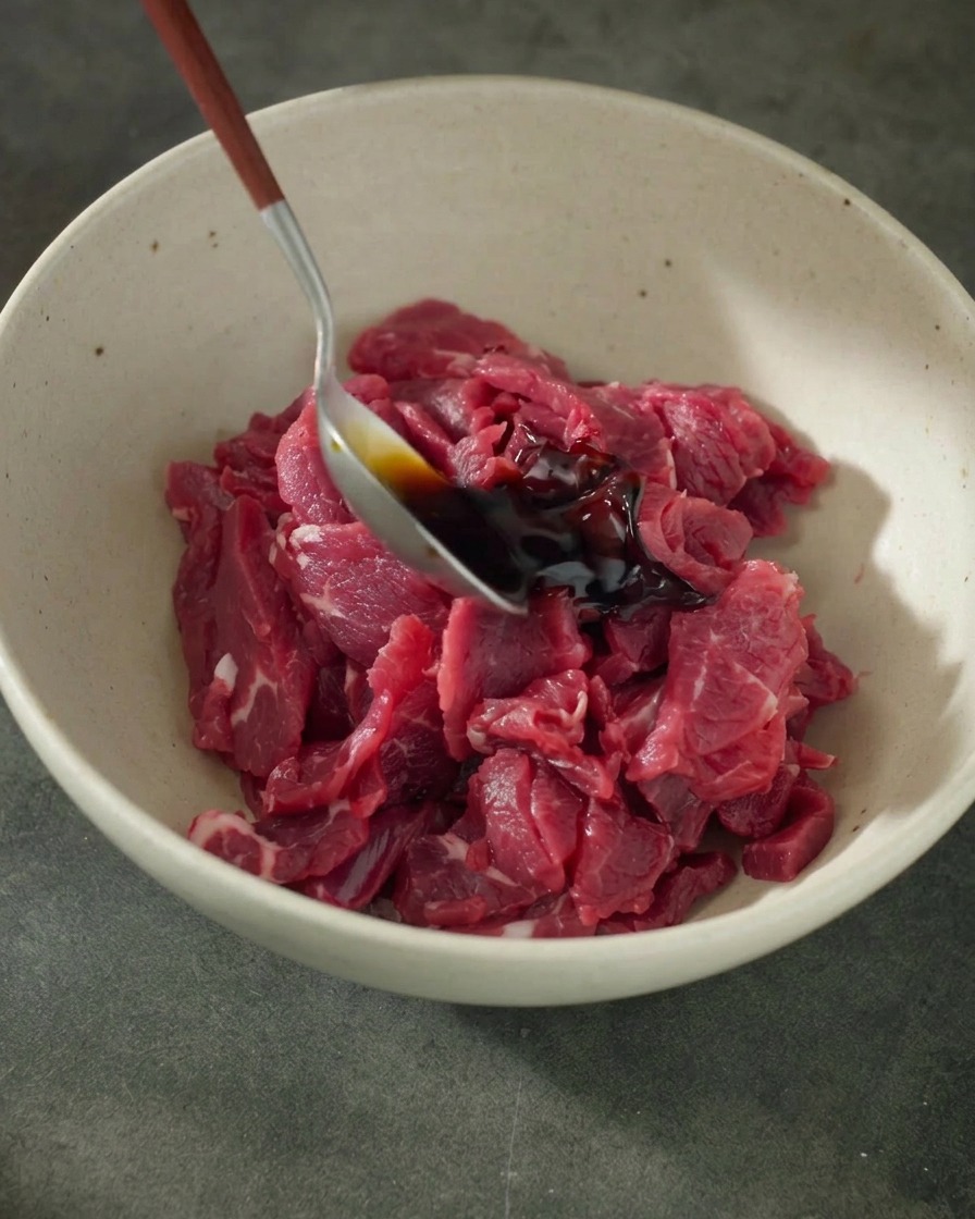 白いボウルに入った牛肉に、醤油とオイスターソースをかけている様子。