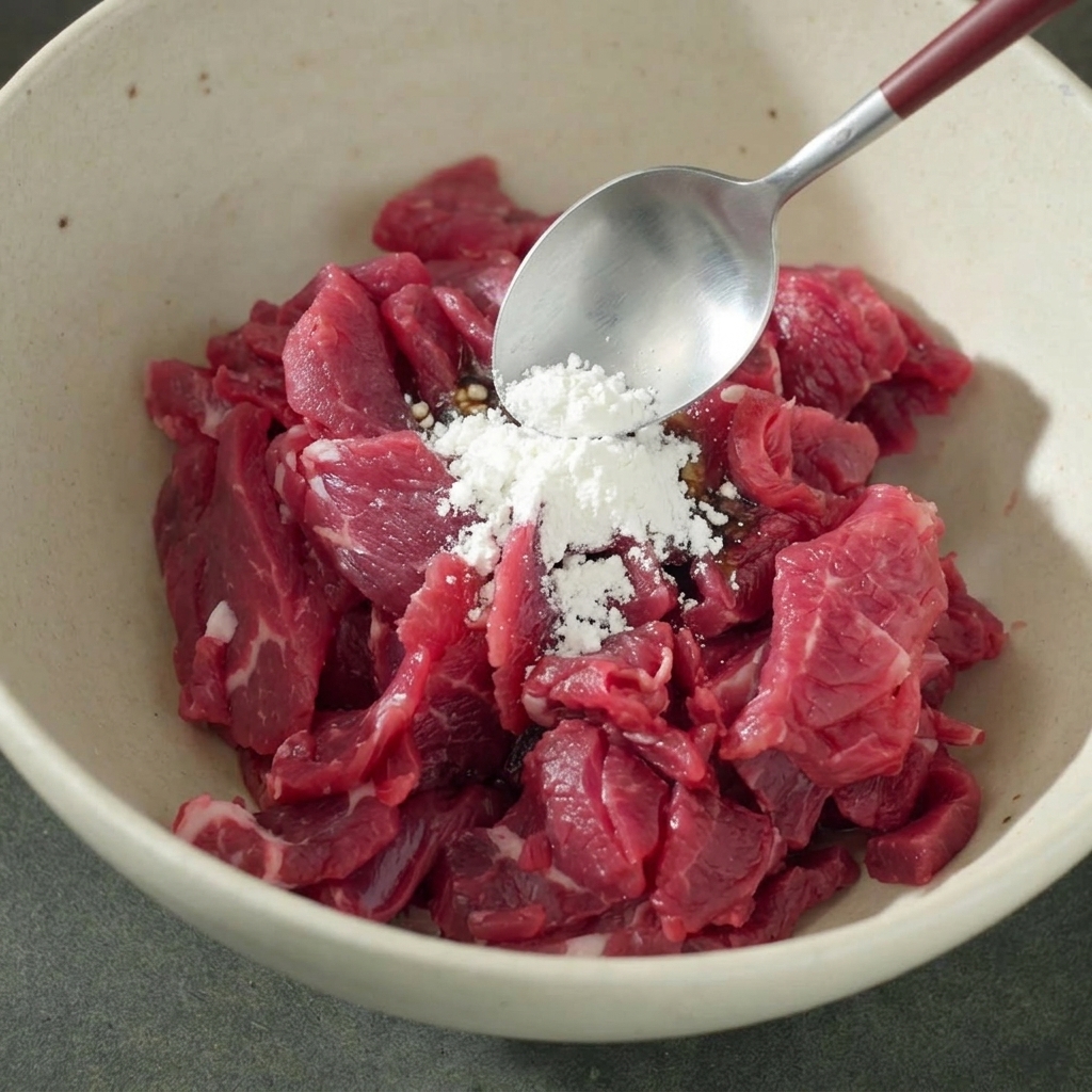 牛肉の上に片栗粉と白胡椒が乗せられている様子。