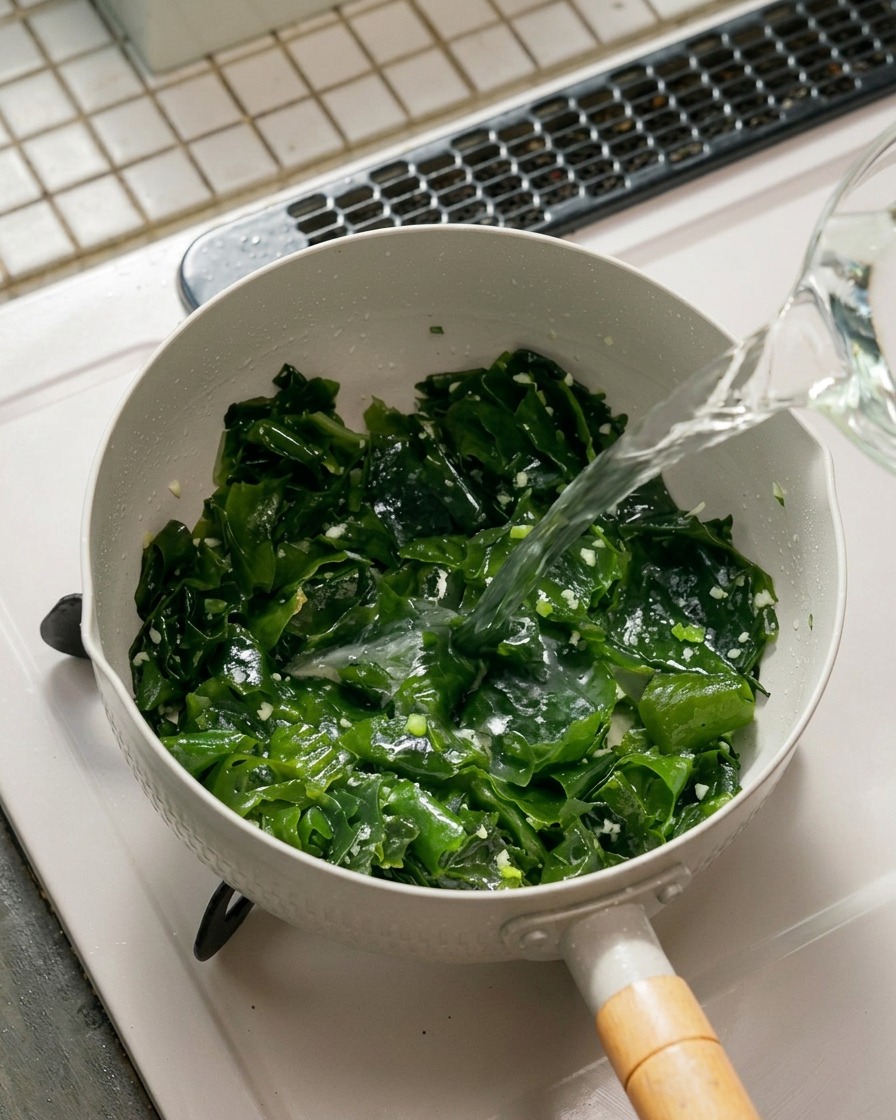 炒めた具材に水を注ぎ、煮立たせている様子。