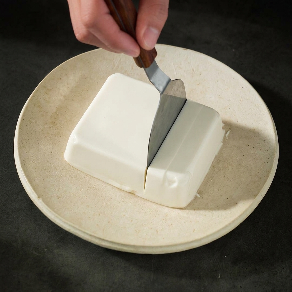 まな板の上で絹ごし豆腐を均等なサイコロ状にカットしている様子。