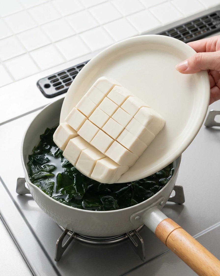 カットした豆腐をそっと鍋の中へスライドさせている様子。