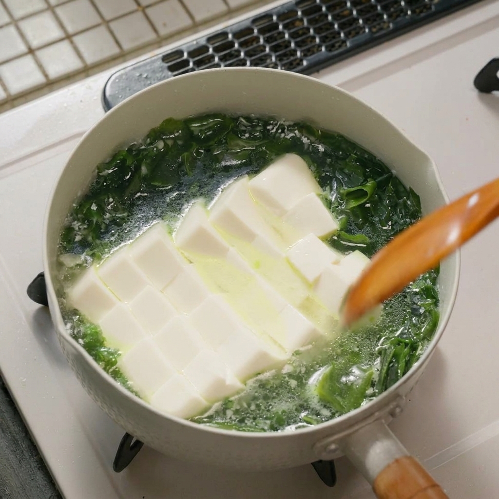 ヘラでスープの中の豆腐をゆっくりと動かしている様子。