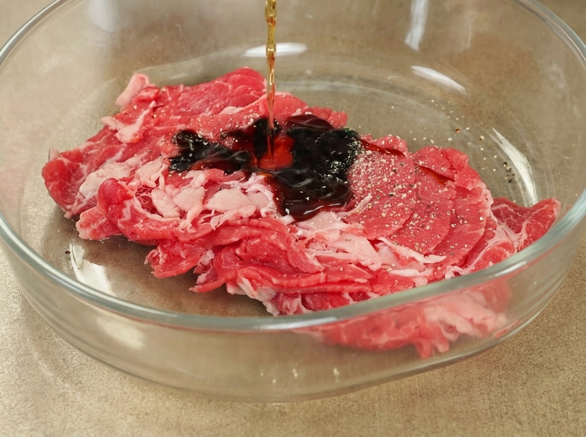 肉に醤油と調味料を回しかけている様子。