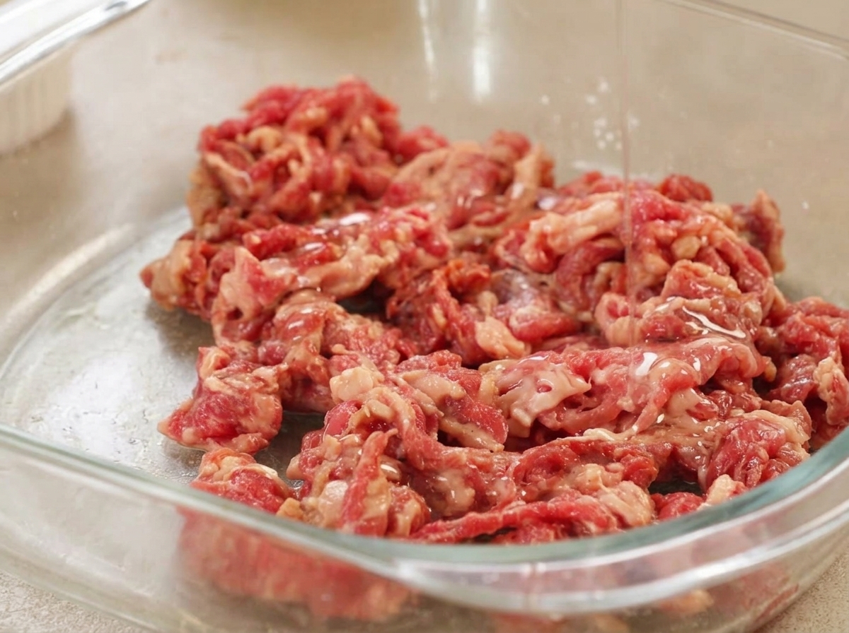 調味した牛肉にサラダ油を加えて混ぜる様子。