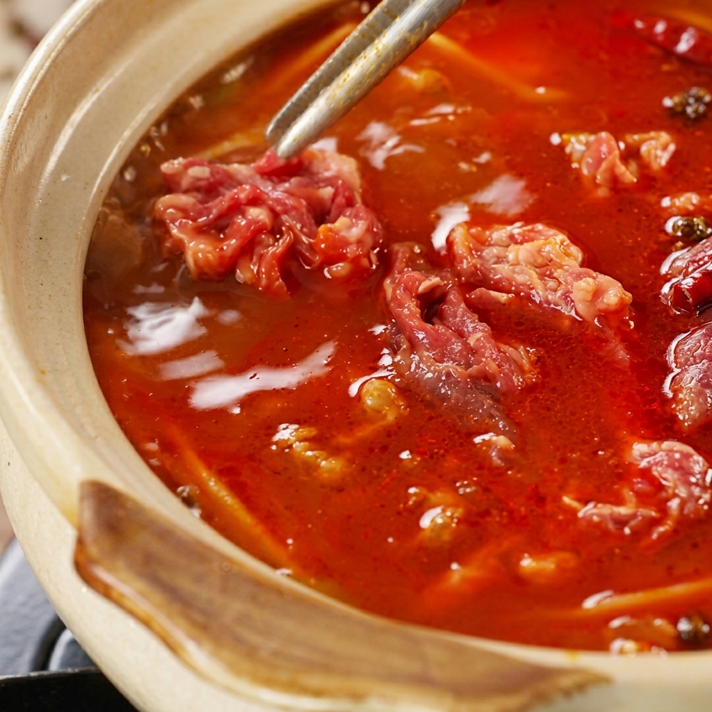 トングで牛肉を鍋に入れる様子。