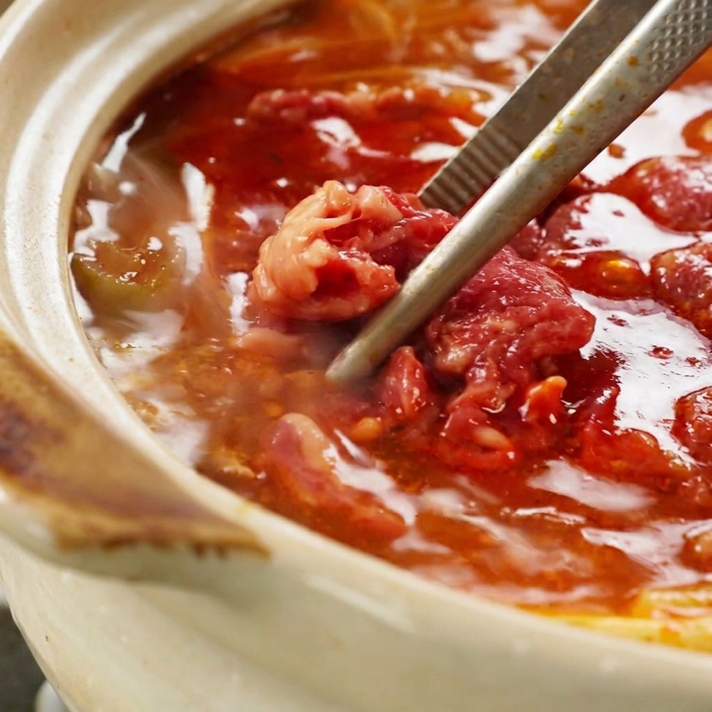 箸で牛肉をスープに沈めている様子。