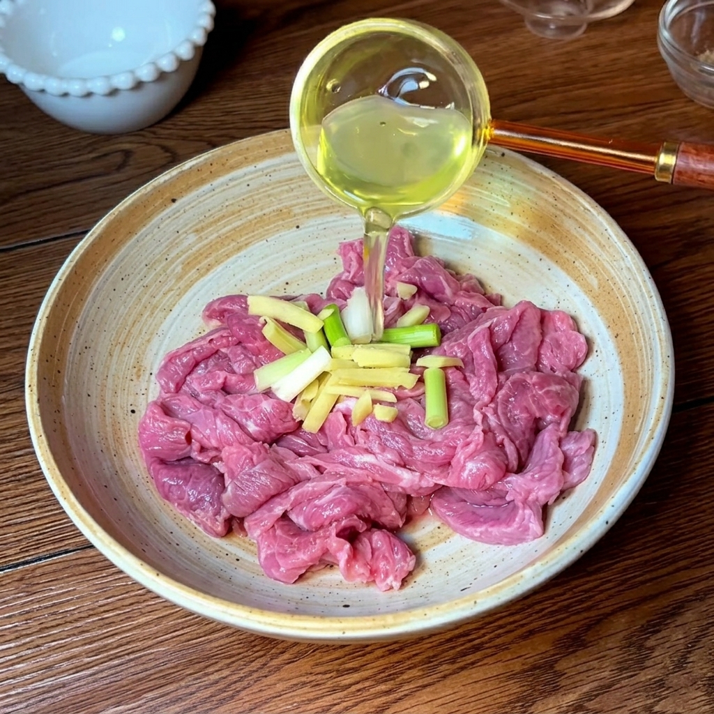 ボウルに入った薄切り牛肉。生姜の千切りと刻みネギがのっており、調味料を加えている様子。