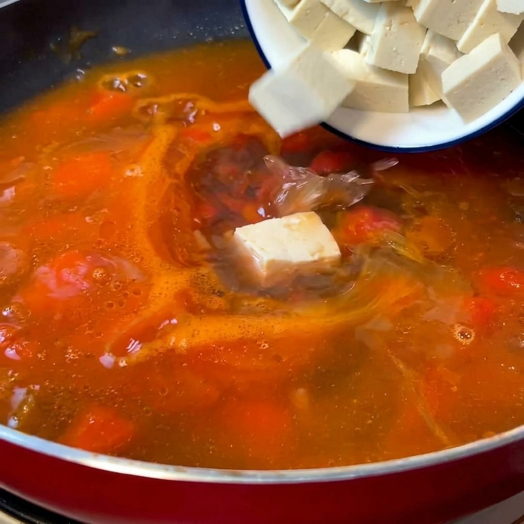 煮立っているトマトスープの中に、白い豆腐の角切りを優しく入れている様子。