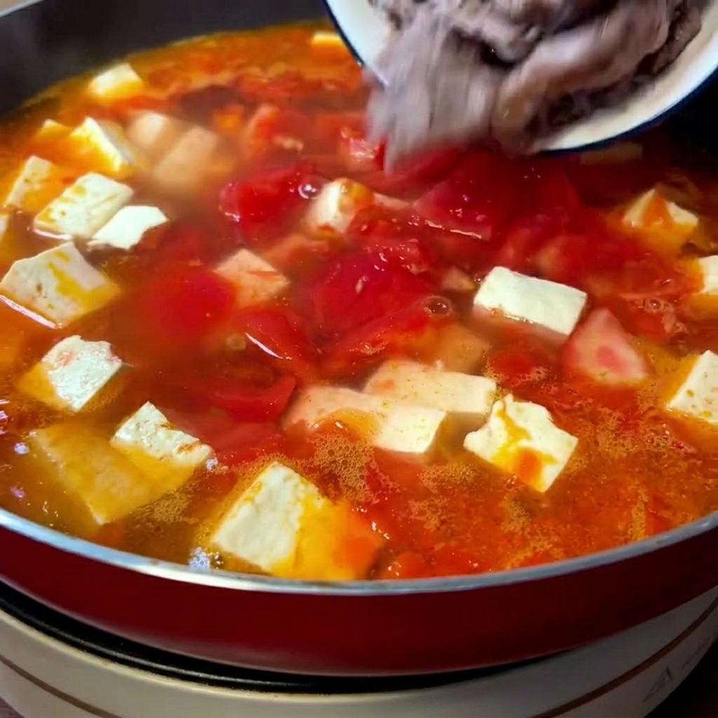 トマトと豆腐の煮立ったスープの中に、炒めておいた牛肉を戻し入れている様子。
