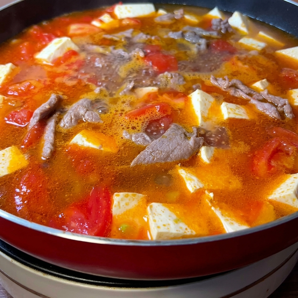赤色のスープにトマト、豆腐、牛肉がバランスよく入っている様子。
