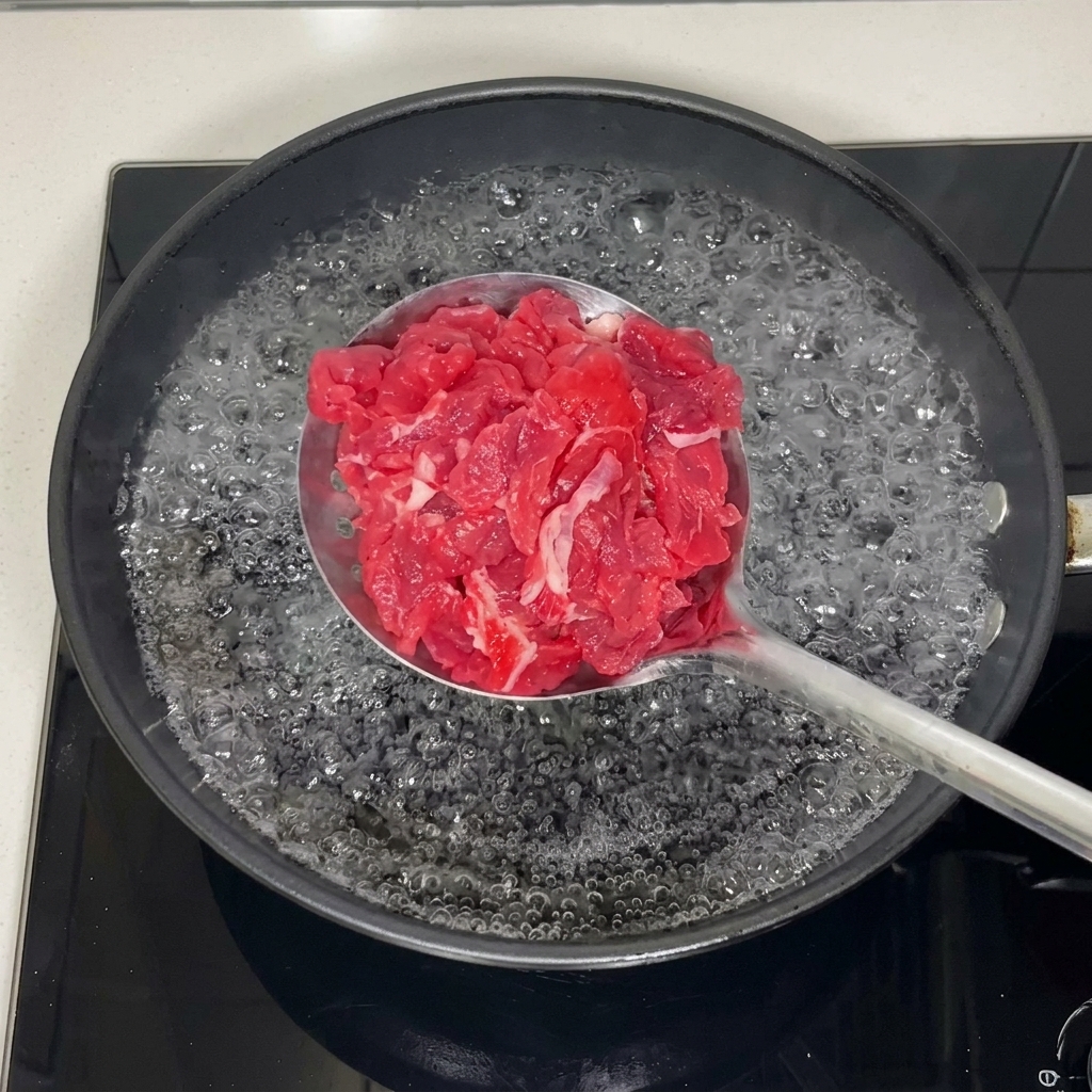 穴あきお玉にのせた赤身の牛肉を、沸騰したお湯の鍋に沈めている様子。