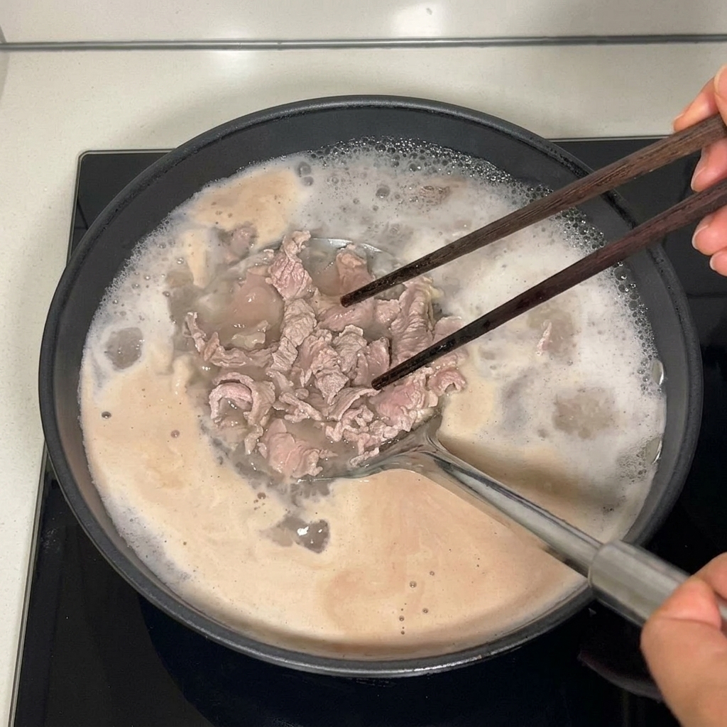 沸騰したお湯から、箸と穴あきお玉を使って湯通しした牛肉を取り出している様子。