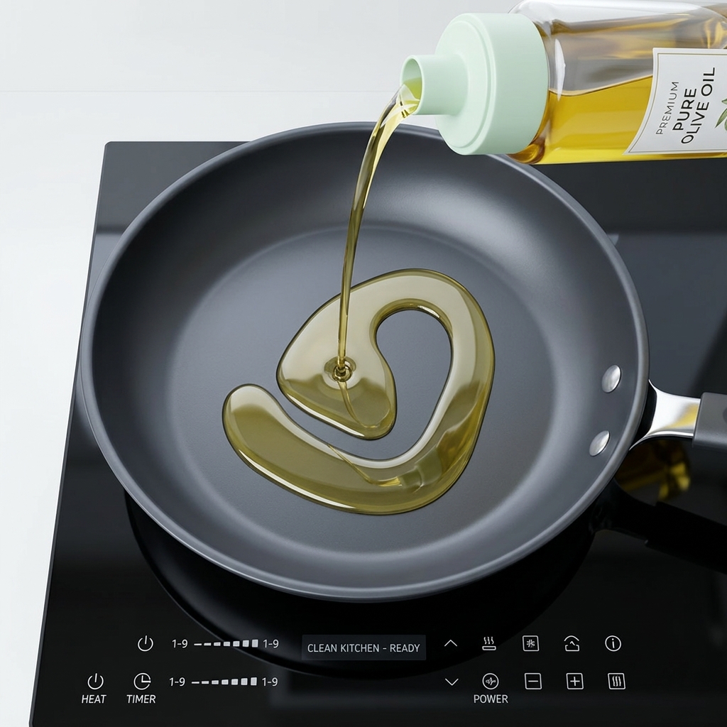 黒いフライパンにサラダ油を回し入れている様子。