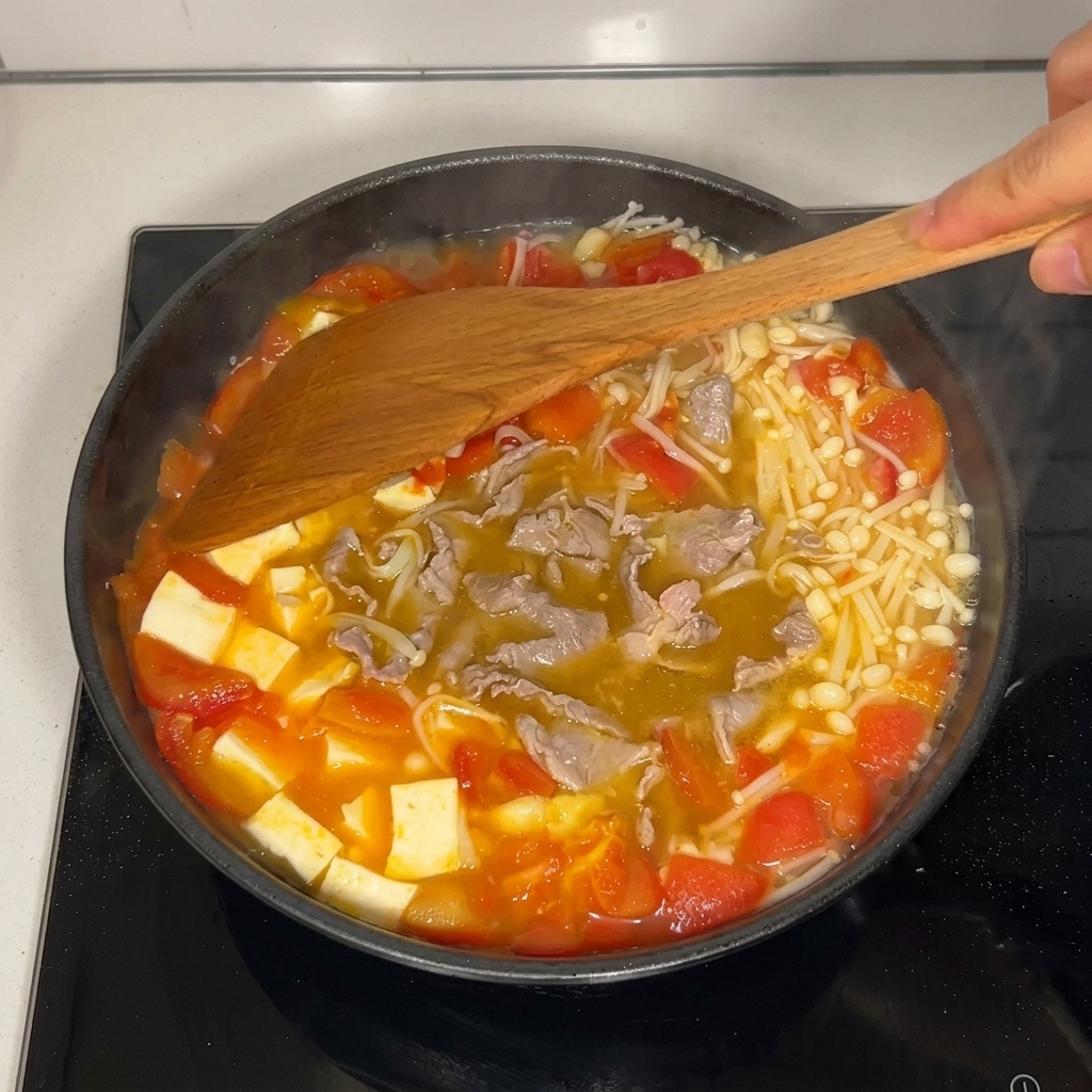 木べらを使って、具材を崩さないようにゆっくりとスープをかき混ぜている様子。