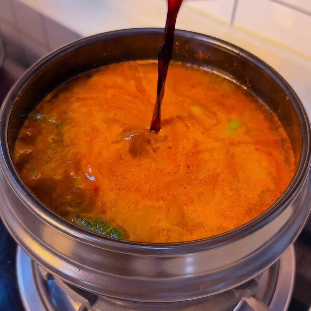 スープに薄口醤油を回し入れている様子。