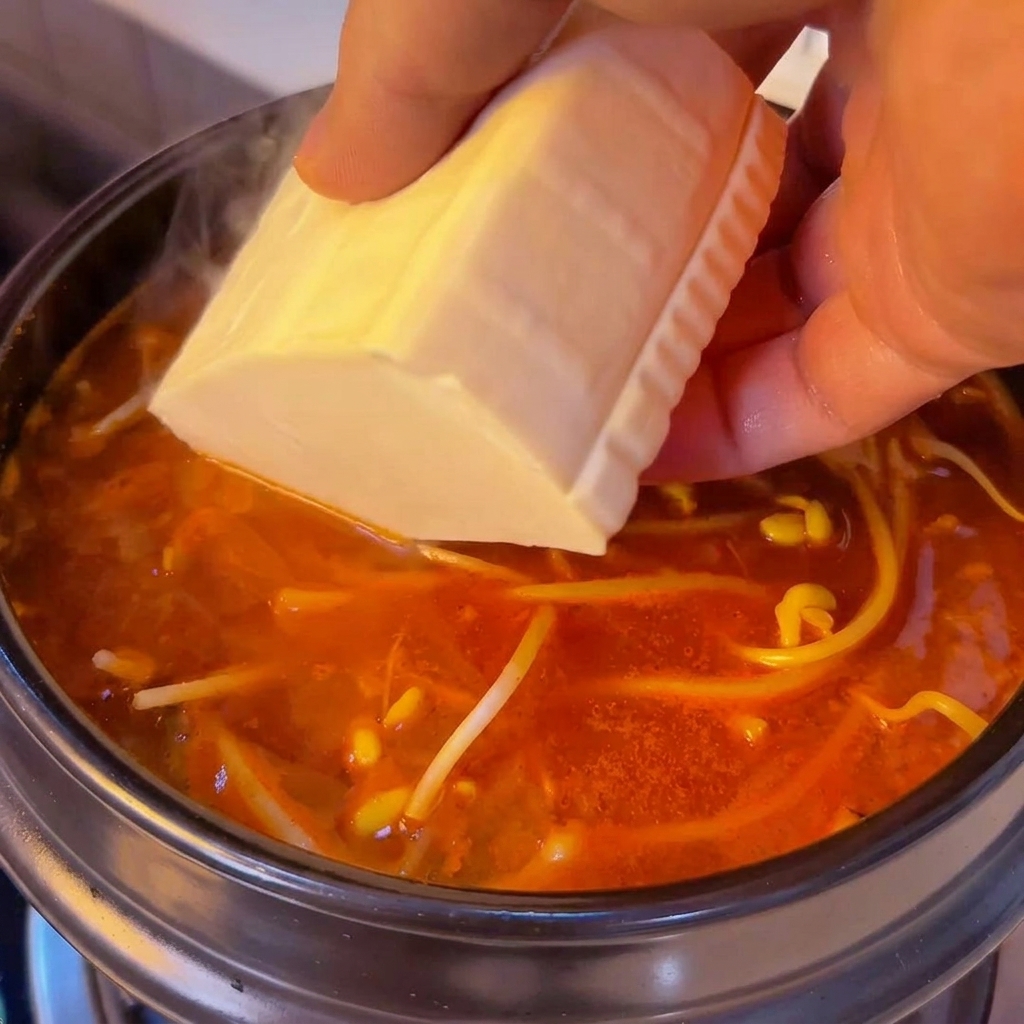 煮立っているスープの中に豆腐を滑り込ませる様子。
