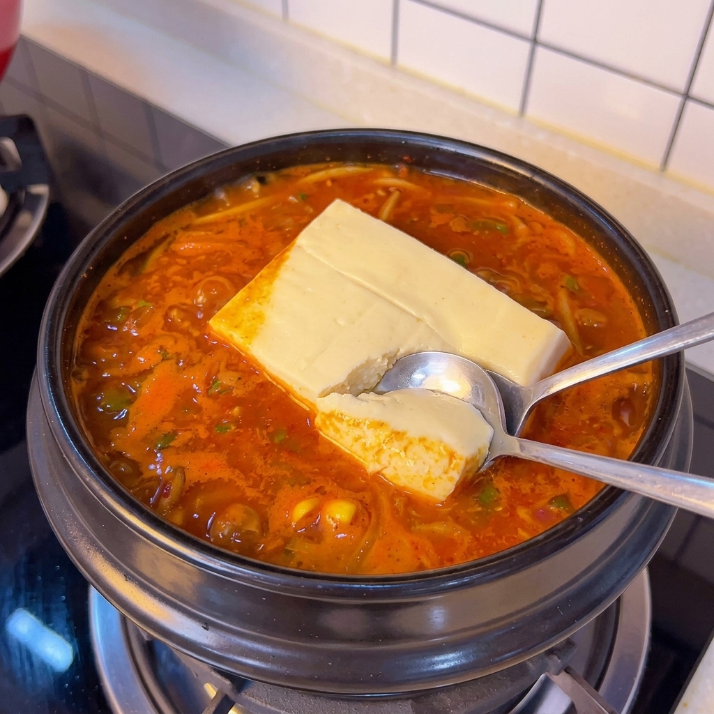 スプーンを使って、鍋の中で豆腐を大きく崩している様子。
