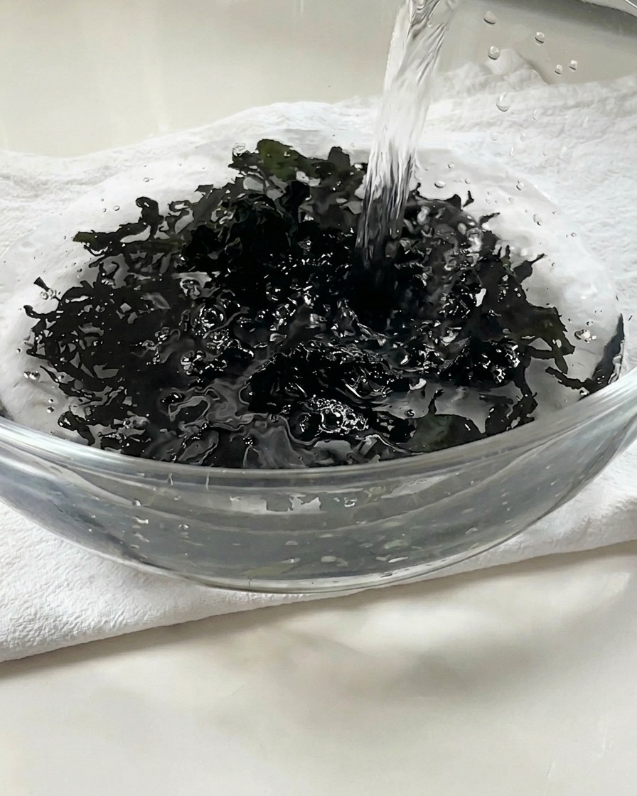 ボウルに入れた乾燥わかめに温水を注いでいる様子