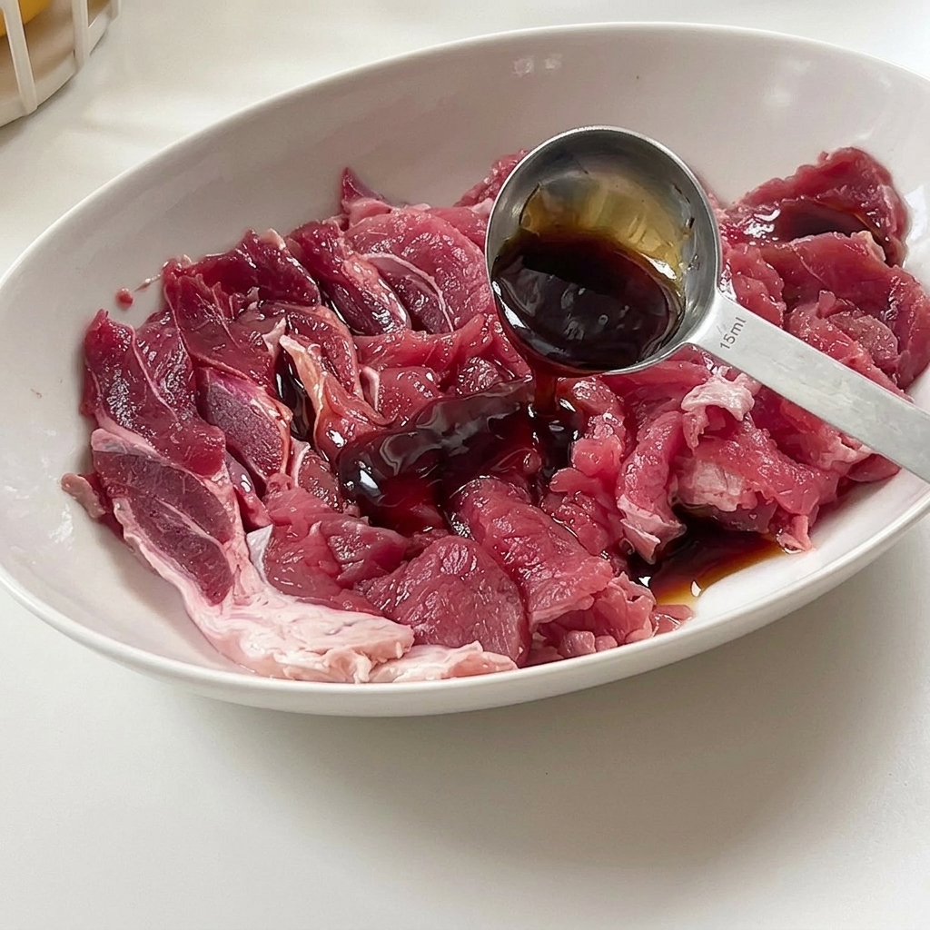 ボウルに入った牛肉に調味料を加えている様子