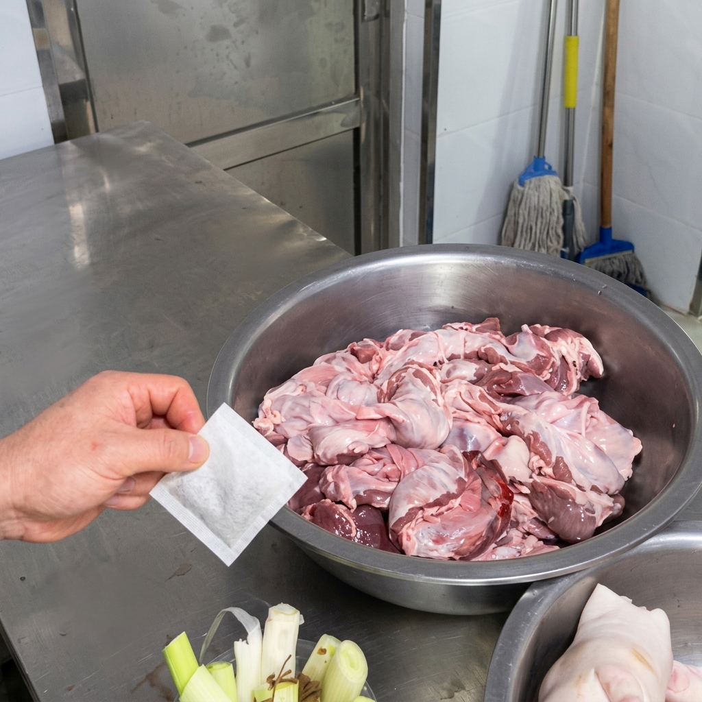 肉が入ったボウルの上で、白いスパイス用の小袋を持っている様子