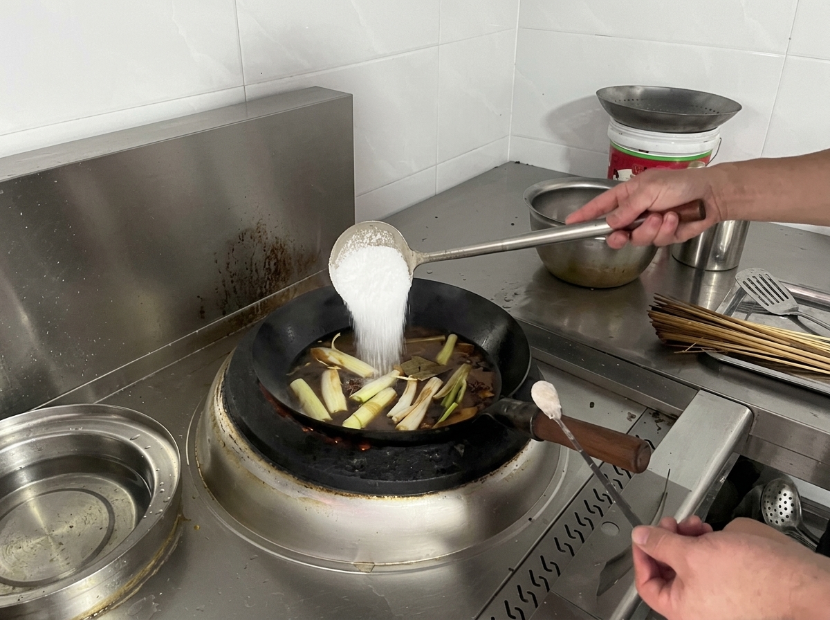 香味野菜が入った煮汁に、大きなお玉で塩を加えている様子