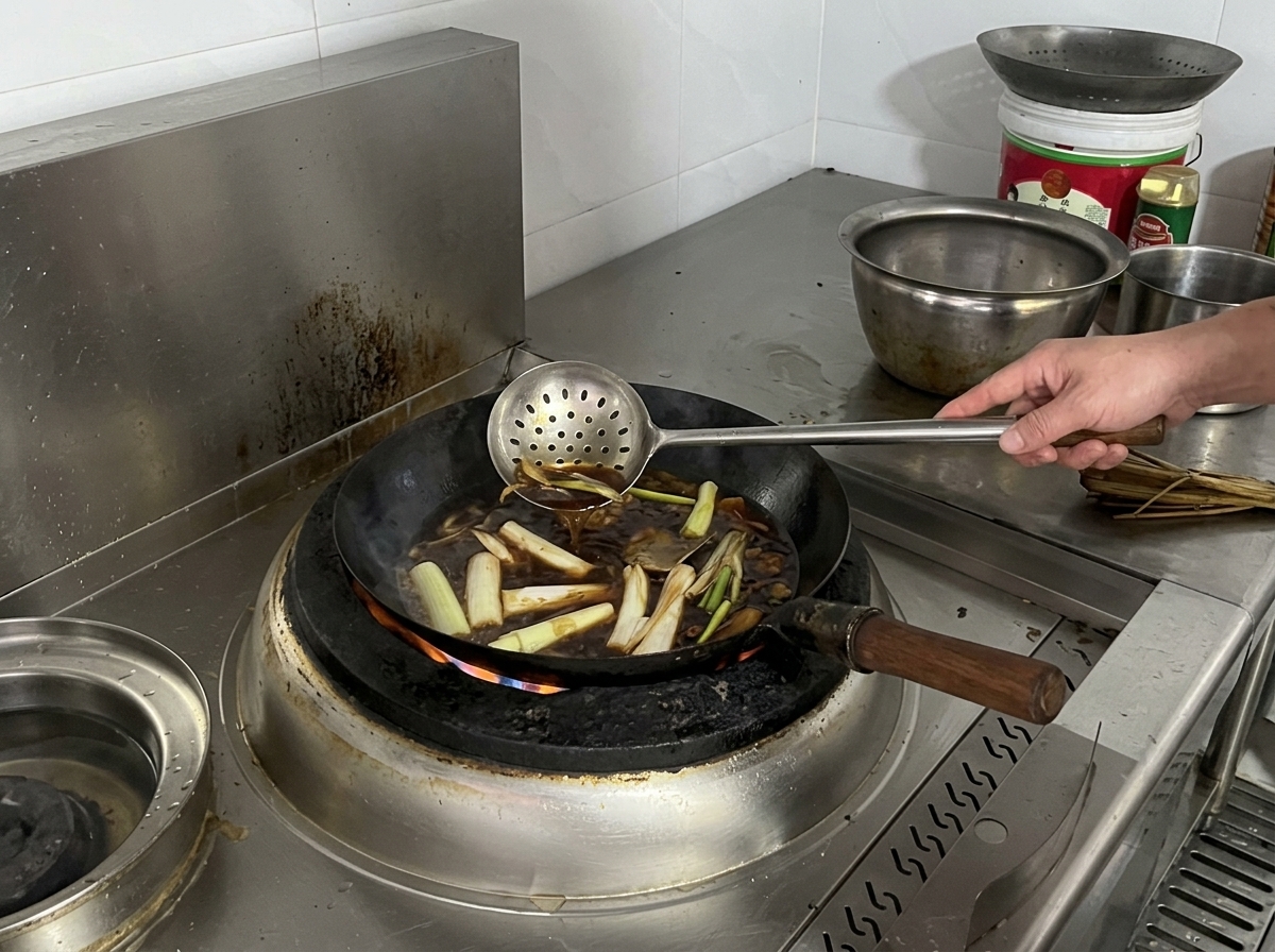 長ねぎやスパイスが入った煮汁をお玉で混ぜながら調味料を加えている様子