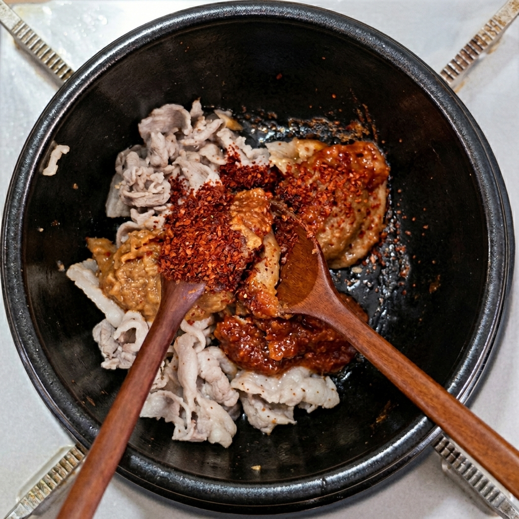 木べらを使って、豚バラ肉、テンジャン、サムジャン、粉唐辛子を混ぜながら炒めている様子。