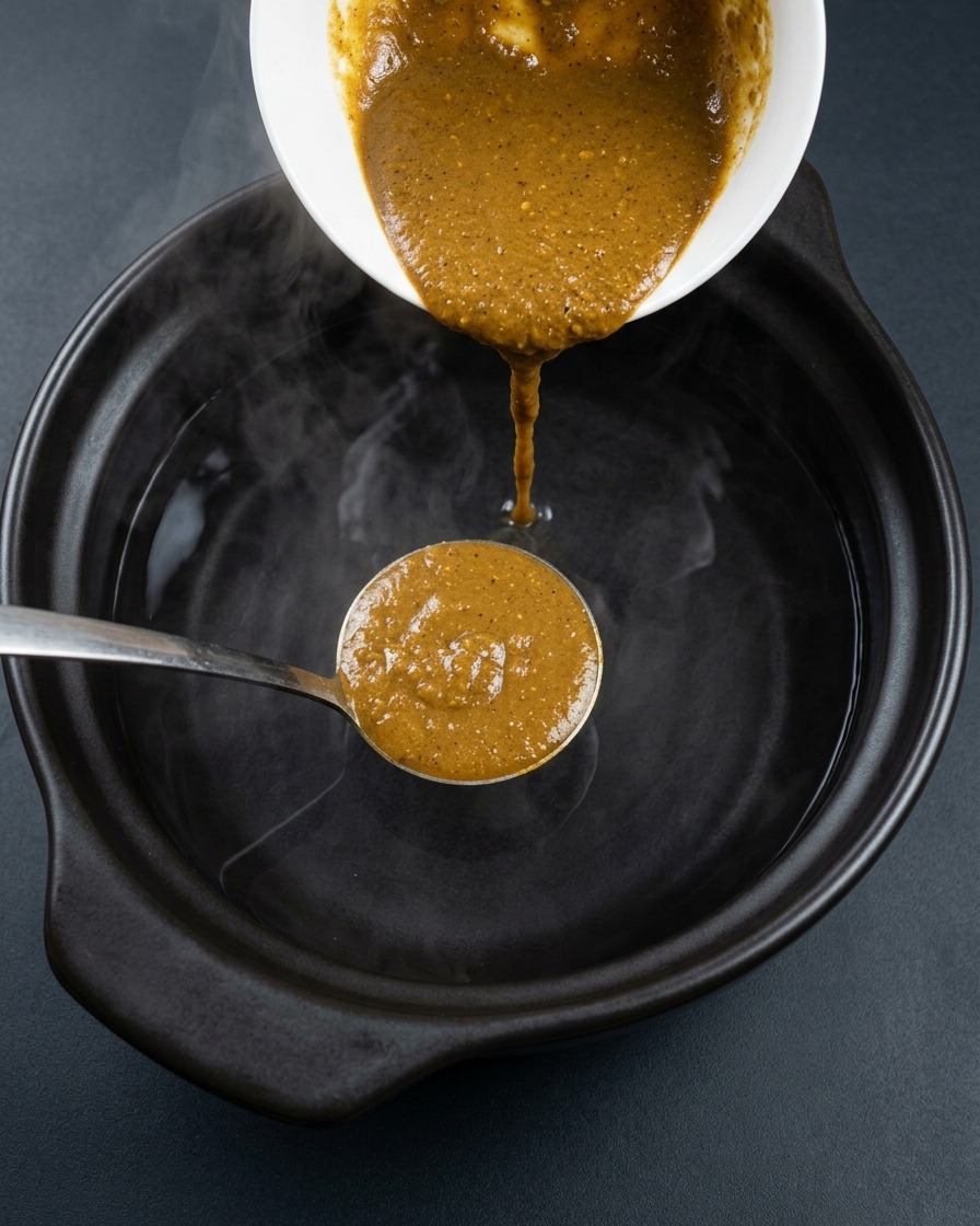 湯気を立てる土鍋のお湯に、スプーン一杯の濃厚な茶色い東北大豆味噌を入れている様子。