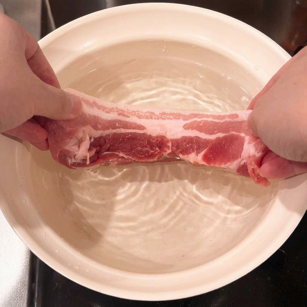 水の入った鍋に生の豚バラ肉を入れる様子。