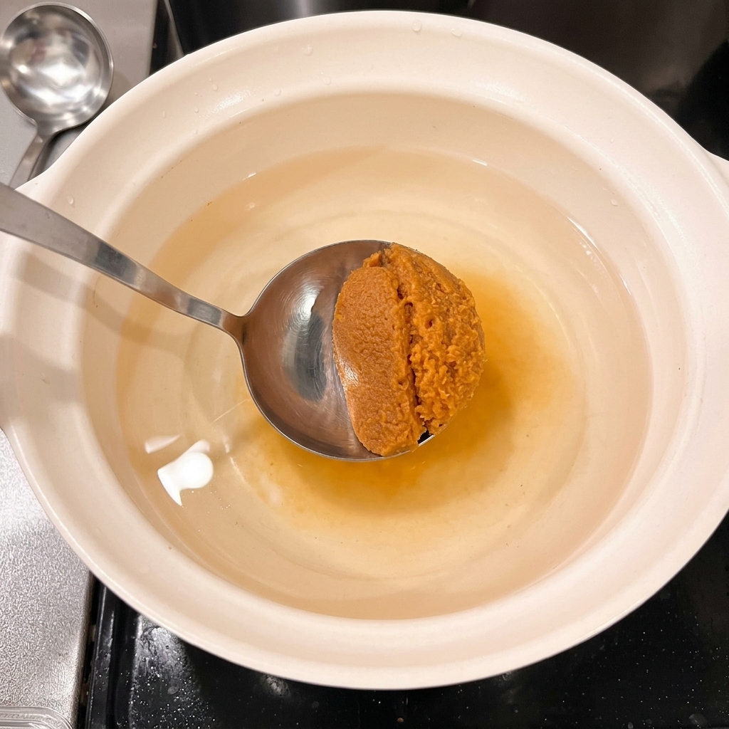 鍋の煮汁にスプーン一杯の味噌を入れて溶かしているところ。