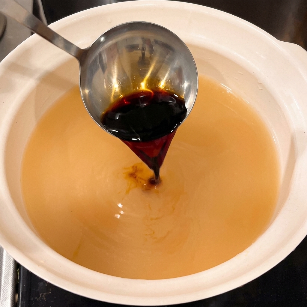 お玉から醤油が注がれ、煮汁と混ざり合う様子。