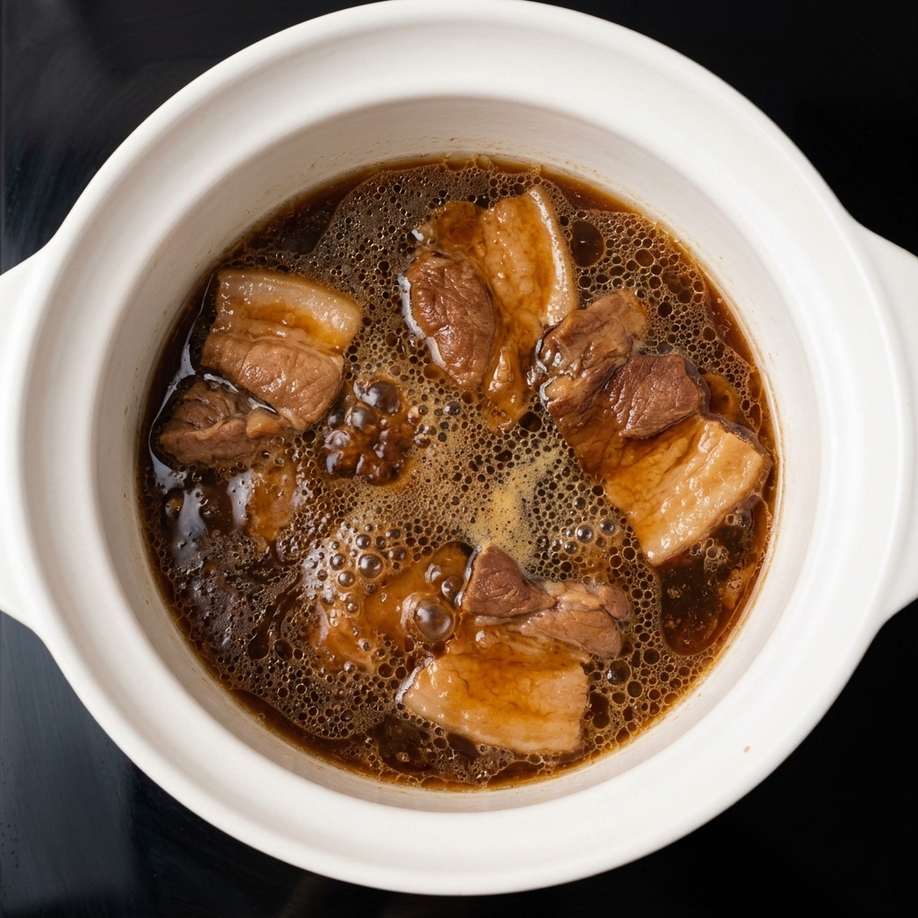白い鍋の中で、濃い色の煮汁がぐつぐつと泡立ちながら豚バラ肉に絡んでいる様子。