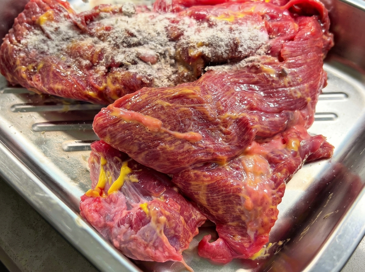 ステンレス製のトレイの中で、ドライスパイスミックスを全体にまぶされた生の牛ブリスケット肉。