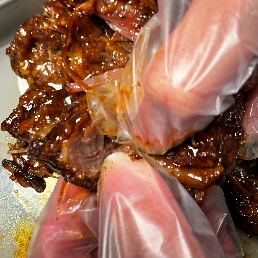 ビニール手袋をはめた手で、柔らかく火が通った牛ブリスケット肉を細かくジューシーにほぐしている様子。