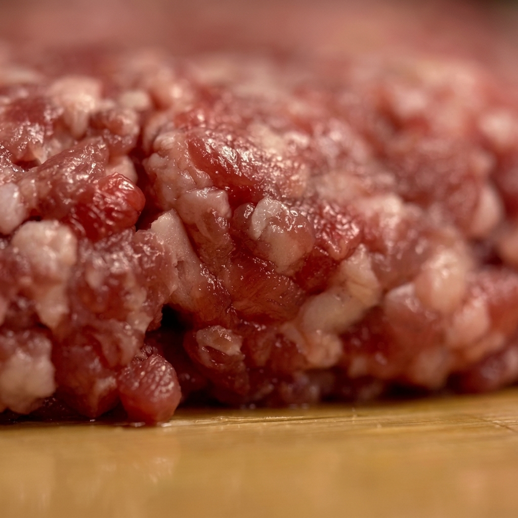 木の台の上で、生の牛ひき肉を手で分厚い丸型のパティに成形しているクローズアップ。