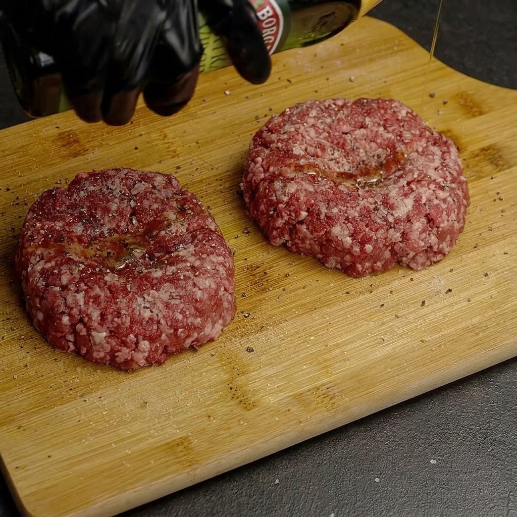 木のまな板に置かれた生のビーフパティに、塩、こしょう、オリーブオイルで下味をつけている様子。