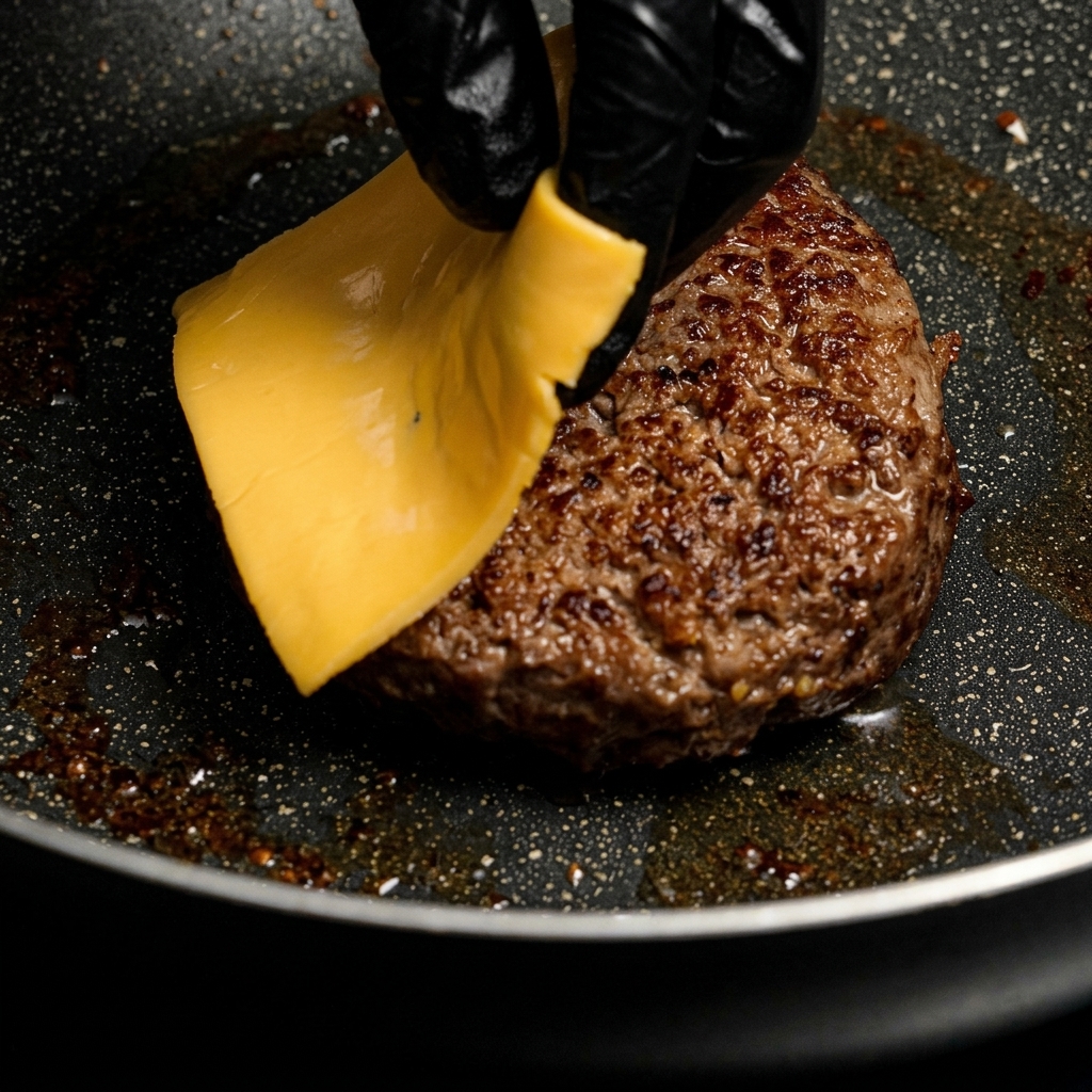 フライパンの中でこんがり焼けたパティの上に、黄色いスライスチーズをのせている様子。